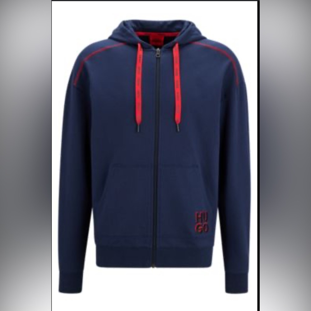 Hugo Boss Dark Blue Relaxed-Fit Zip-Up Hoodie With Stacked Logo